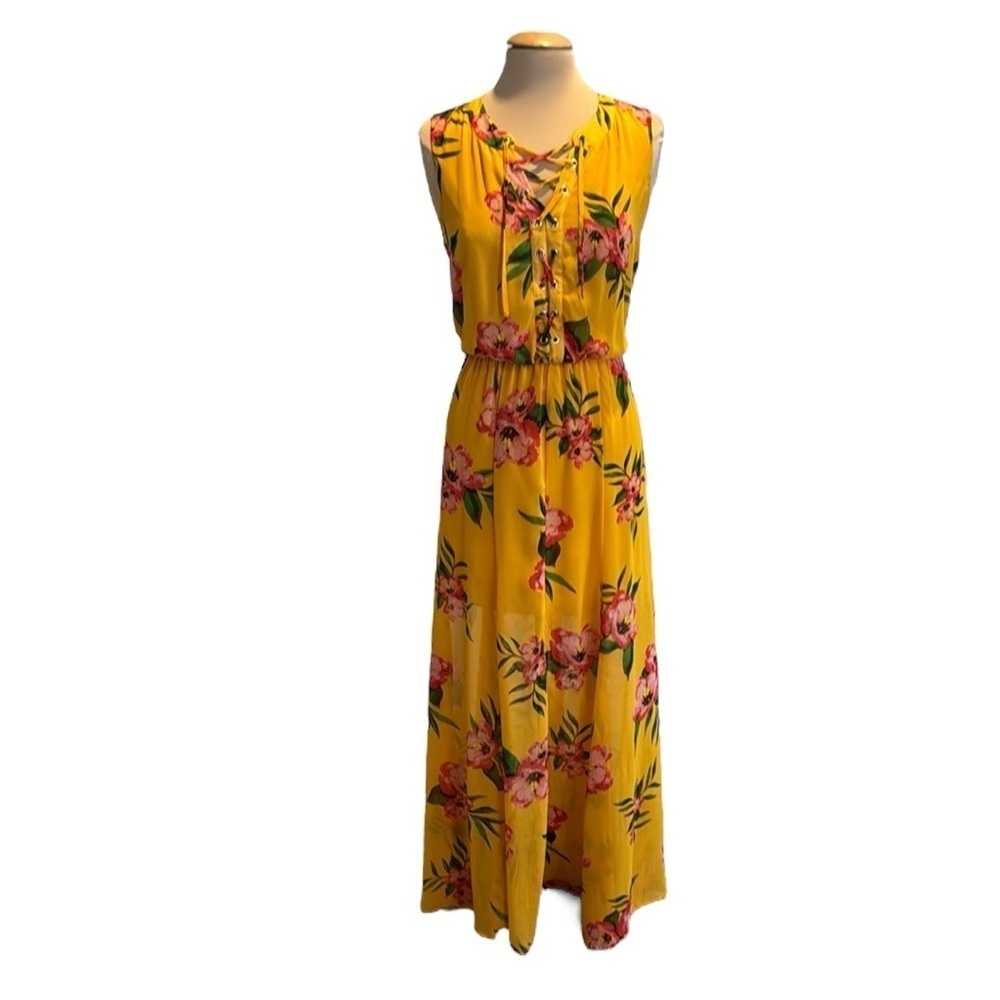 New York and Company, yellow and pink floral maxi dress lace up sleeveless small